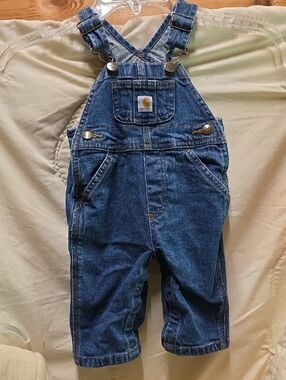 EUC Carhartt Blue Denim Infant Overalls with Logo Patch Size 3M